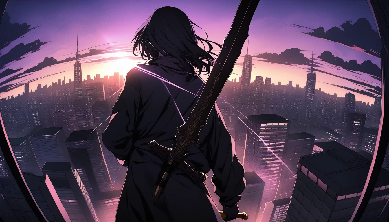 Yuki wielding ancient dagger, determined expression on skyscraper rooftop, Tokyo skyline at dawn, anime neo-noir style like 'Death Note', dramatic sunrise lighting, dark silhouettes against orange and purple sky