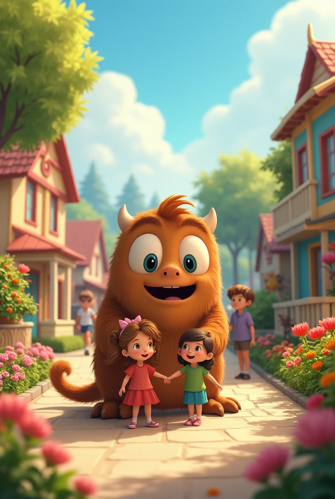 Create an image for story books 
From that day on, Benny was no longer just the monster next door; he became Ellie’s best friend and a beloved part of the community. Add a monster Benny and his colour is brown more kids and houses and beautiful community with a  monster friends 