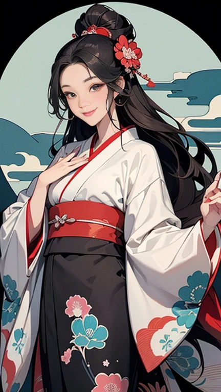 A beautiful woman smiles and shows her upper white teeth、Vividly colored Japanese Ukiyo-e style illustrations、(SeaArt creates stunning illustrations of beautiful women in kimono)、Brown-black long hair、Beautiful full body style、Let&#39;s dance a little Tokyo Ondo Yoiyoi、Beautiful digital painting,、Bright vibrant digital anime art、 Detailed digital anime art、 Beautiful anime portraits、background、Torii gate of a shrine in Kyoto, Japan、Detailed CG、
