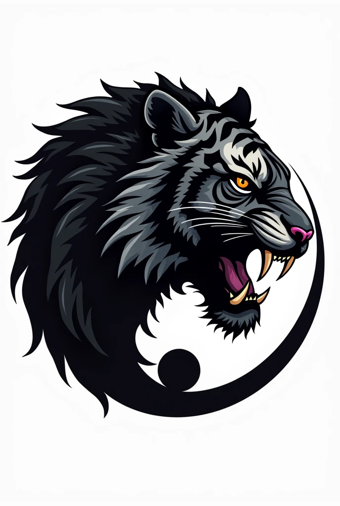 Black tiger head logo .The tiger bites the black and white yin yang. Image with white background