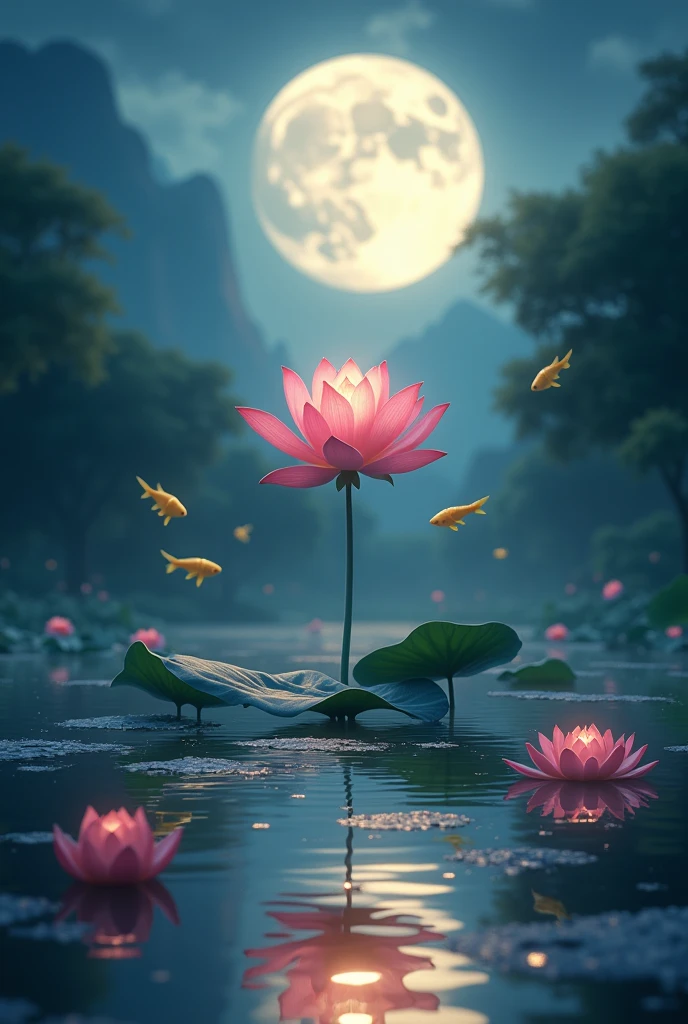 lotus flower, golden fishes on the water, the water reflects the moonlight, moon