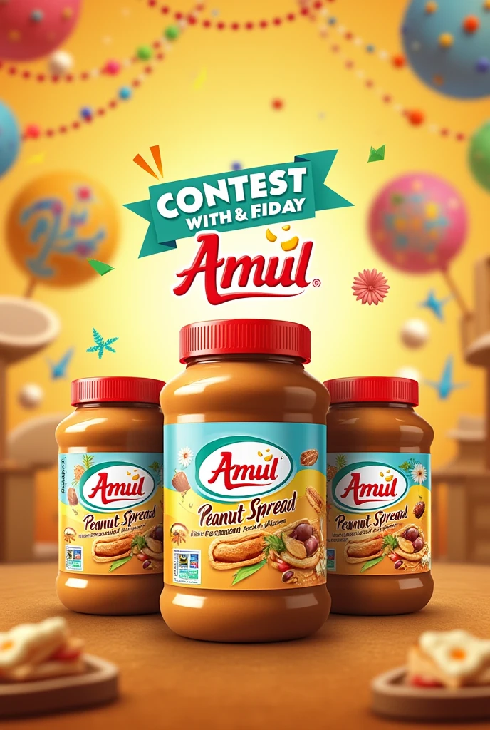 A lively graphic showcasing Amul Peanut Spread jars with festive decorations and a contest banner. Illustrations of creative recipes and a prize icon add excitement.