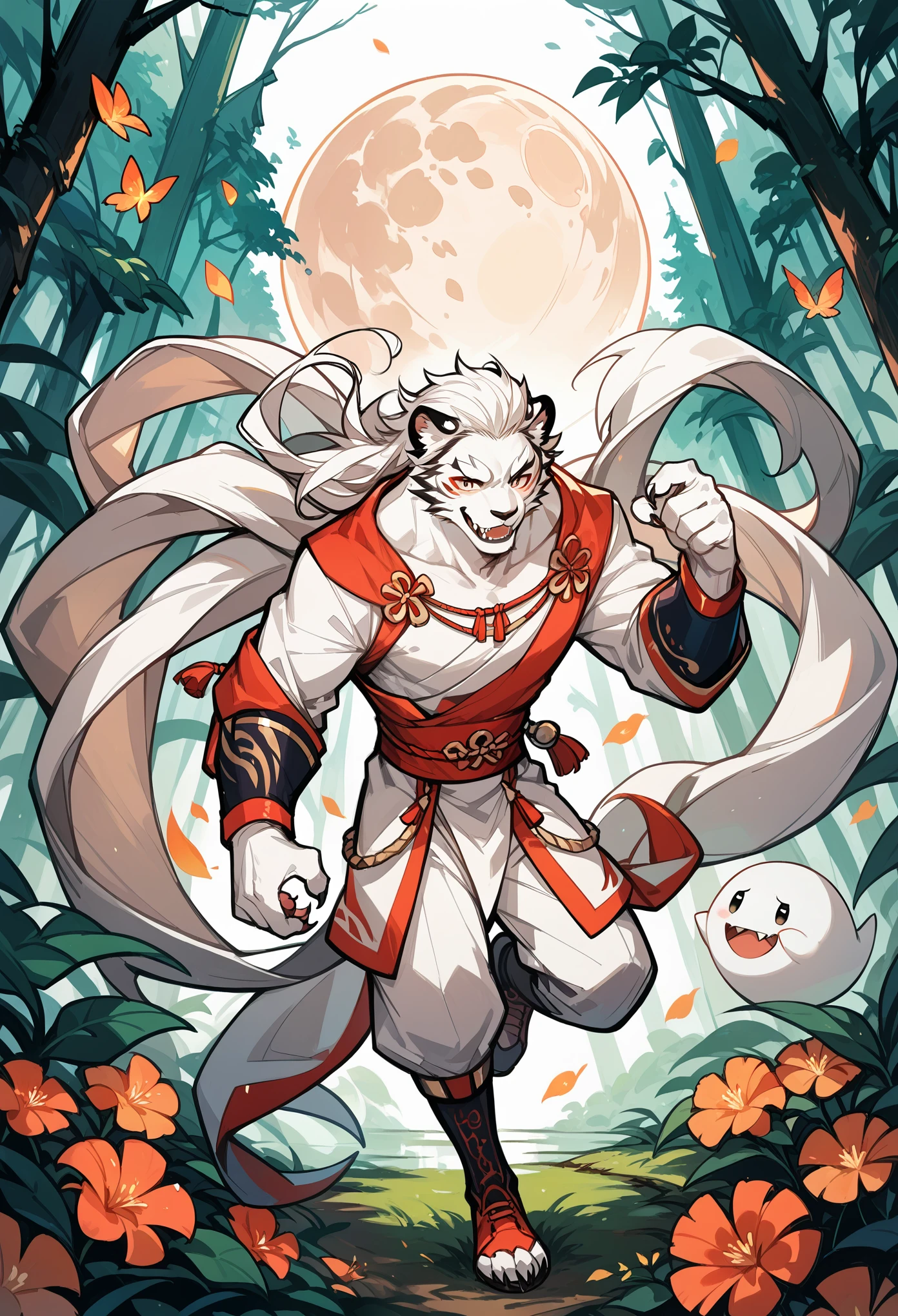 rating_safe, score_9, score_8_up, score_7_up, score_6_up, score_5_up, score_4_up, hires, source_furry, amboo forest, moon, Chinese, male animal tigers and human girl,