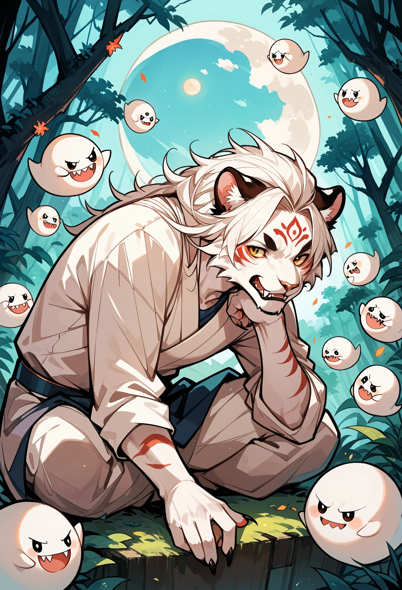 rating_safe, score_9, score_8_up, score_7_up, score_6_up, score_5_up, score_4_up, hires, source_furry, amboo forest, moon, Chinese, male animal tigers and human girl,