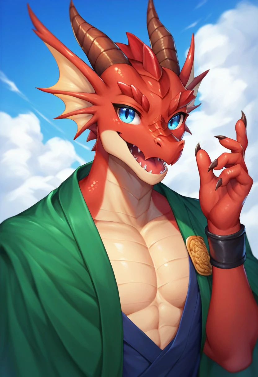 anthropomorphic, red dragonborn, open air, swordsman wearing an oriental outfit that covers the entire body, illustrative art, open plan, red scales, red skinned , long green cape, blue colored eyes, swordsman's outfit, athletic body, 1 tail, 8k, high resolution, serious face, walking, katana on the waist.