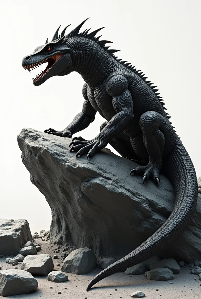 A black and white komodo dragon on top of a rock in 3D