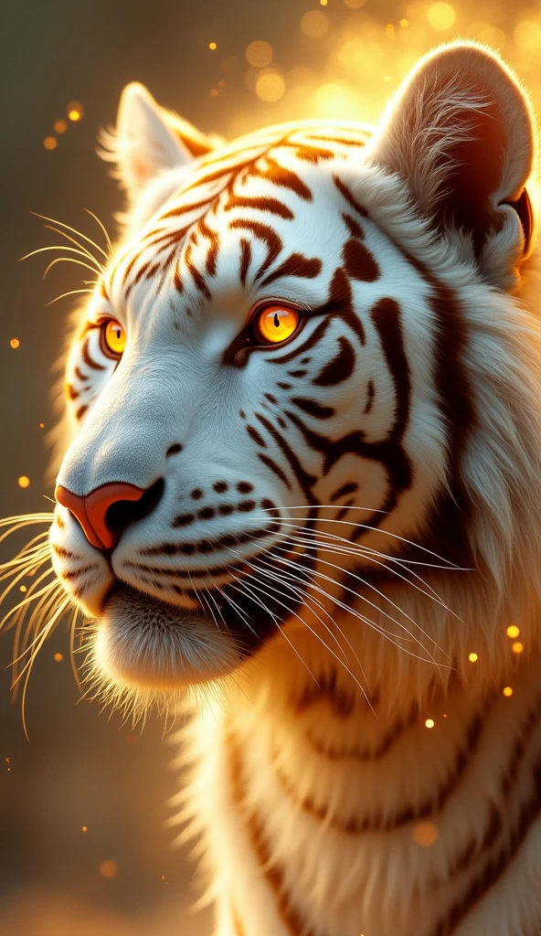 White Tiger,Four Gods,Fantastic fantasy,Glowing in gold,Moody Color,Golden glitter background,Close-up of face