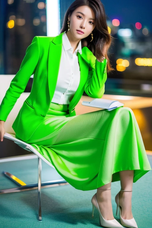 (Light Green Blazer)、Business Blouse、(Light Green Long Skirt:1.3)、((Full Body Portrait))、silk pantyhose、Sitting、(Both legs and high heels look beautiful.)、1 girl、Perfect Anatomy, Perfect body, Perfect hands, Perfect Face, Perfect Eyes, Accurate, Anatomically correct, Perfectly clear and sharp focus、Large Breasts、Modern architecture at night on the background、Professional Lighting、((Highest quality、Ultra-high resolution、masterpiece))
