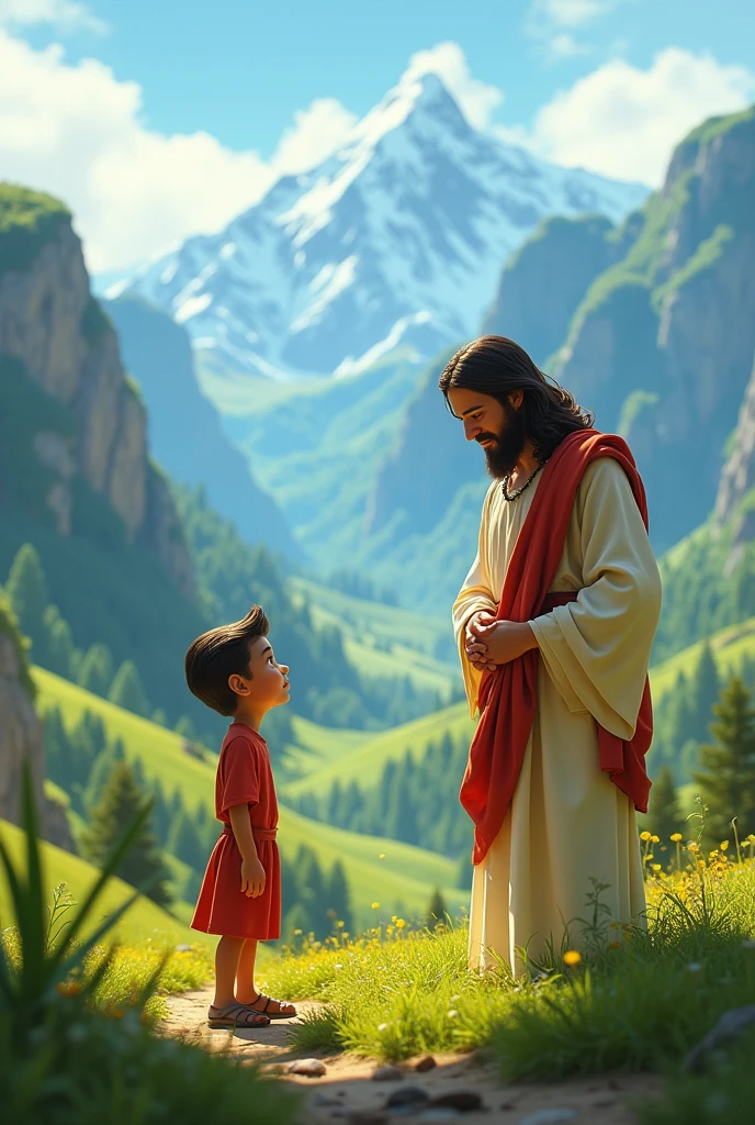 pixar character,  teenager in biblical times, with Jesus, slickedback hair, in a setting of lush green mountains