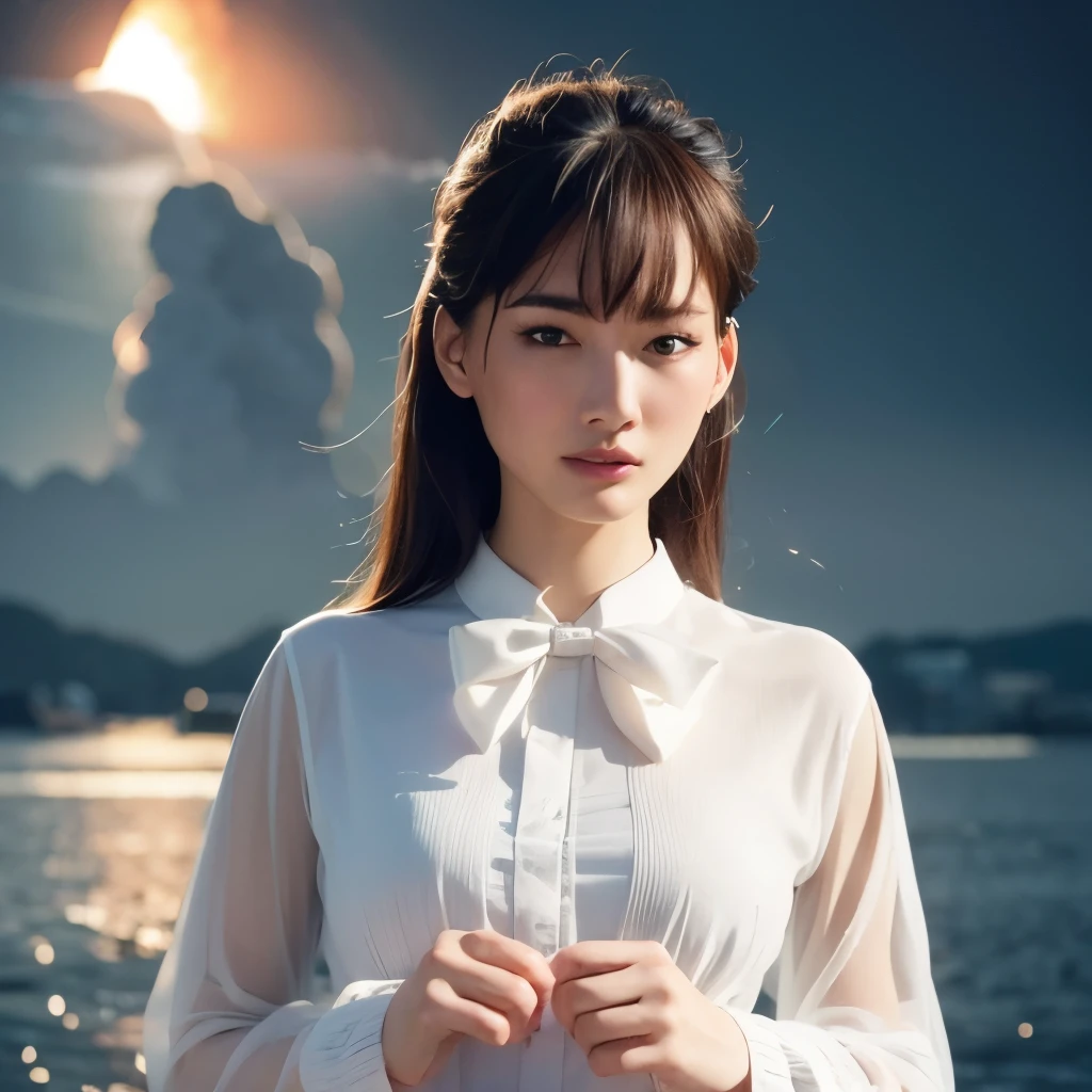 masutepiece, Exquisite, {beautiful and meticulous girl}, Beautiful and detailed halo, (Fire of War: 1.2), (nuclear explosion behind: 1.3), Rain, Detailed Lighting, Detailed water, (Beautiful and detailed eyes: 1.1), deadpan, palatial palace, sky blue hair, Scattered hair, Long bangs, eyebrows, (whitegrey dress: 1.1), a black ribbon, white bow ties, upper abdominals, large forehead, dull, flower, Long sleeves