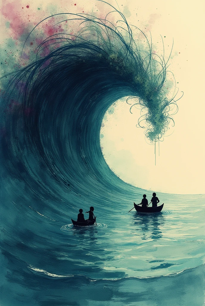 by carne griffiths daring, melancholic. abstract expressionist meets surreal. huge wave of swirling ink & watercolor lines in muted yellows & greys looms over choppy blue sea. three tiny boats with terrified people below. intricate linework throughout. vibrant splashes of red, green & purple amid chaos. lower third: vertical lines reflect scene in water. top-down perspective. overwhelming dread, human vulnerability vs nature's power. abstract.