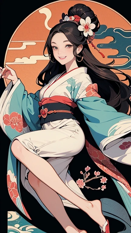 A beautiful woman smiles and shows her upper white teeth、Vividly colored Japanese Ukiyo-e style illustrations、(SeaArt creates stunning illustrations of beautiful women in kimono)、Brown-black long hair、Beautiful full body style、Let's dance a little Tokyo Ondo Yoiyoi、Beautiful digital painting,、Bright vibrant digital anime art、 Detailed digital anime art、 Beautiful anime portraits、background、Torii gate of a shrine in Kyoto, Japan、Detailed CG、