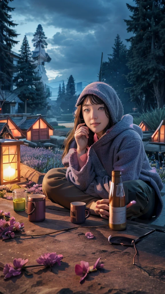 masterpiece, absurdres, hinata\(boruto\), 1girl, solo,mature female, purple hoodie,layered sleeves, brown pants, outdoors,lavender flower field, looking at viewer, (falling petals), cloudy sky, perfect composition, detailed lips, big breast, beautiful face, body propotion, blush, (pink lips), long hair, purple eyes, soft gaze, happy smile, super realistic, detailed, photoshoot, realistic face and body, realistic hair, realistic eyes, realistic nose, realistic lips