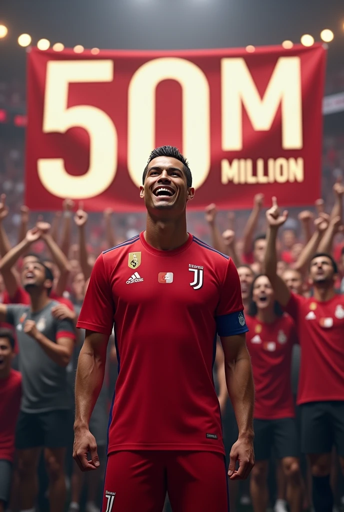 Ronaldo celebrate 50milion youtube subscribers..

There a banner in background shows 50M subscribers done..

& So many people are enjoying  in background.. 

Ronaldo turn back side jersey number 7 and jersey colour red, pant also red , no other logo on jersey without a YouTube logo...

Ronaldo Juventus hair Look real

He turn back side