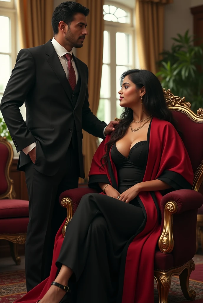  Wearing full body  Academic regalia  wealthy sri lankan average beautiful girl(big  large breasts and butt) sit in chair and sri lankan wealthy age 35 man (software,electrical,garments companies owner)