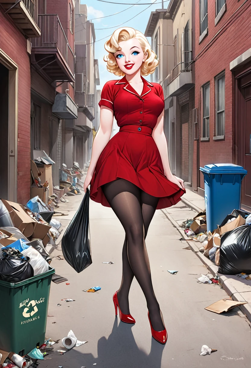 masterpiece, small head,1940s hairstyle, pinup,Marilyn Monroe, pale skin, blue eyes, smilling face, wearing red skirt, black pantyhose ,red stilettos ,thick calves,thick legs , big ass. She is walking in poor street with a Lot of garbage.
