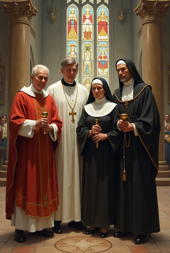 Generate an image, Representing the four vocations of the Catholic Church, the priesthood, religious life, marriage and the consecrated lay person 