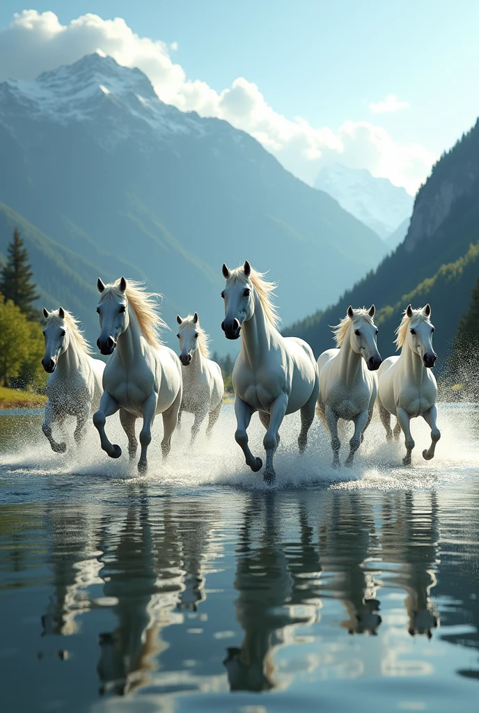 Seven white horse running in river background mountains side view