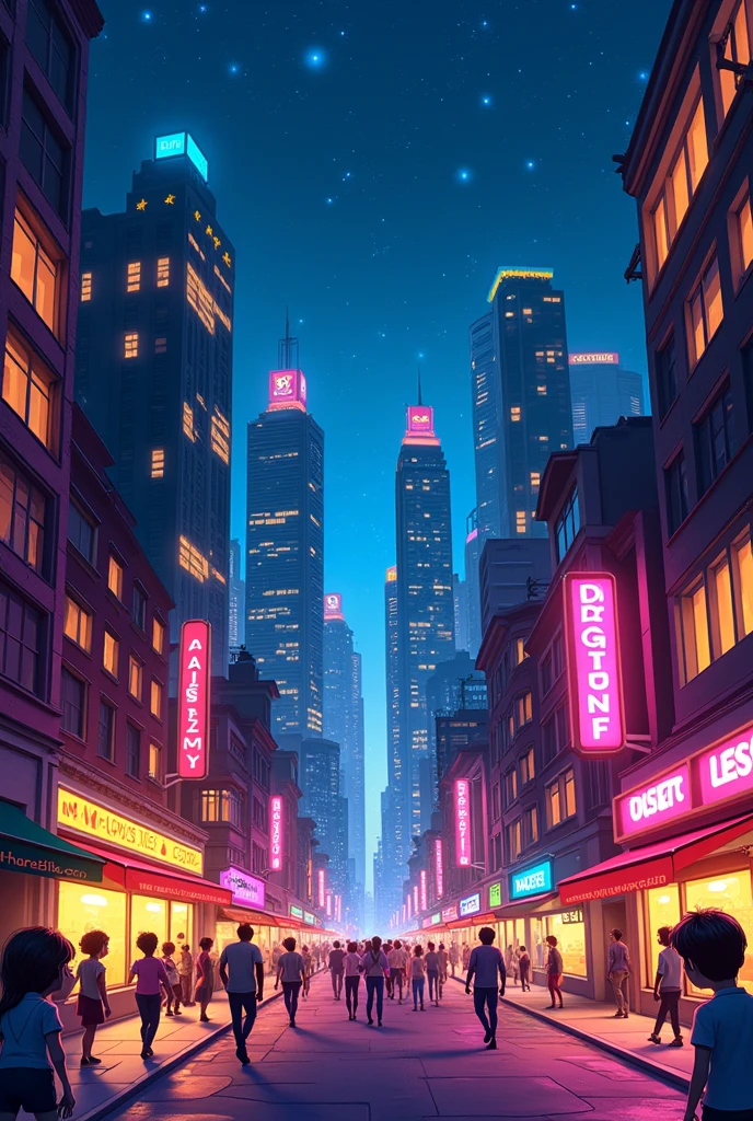 neighborhood with tall buildings at night in cartoon