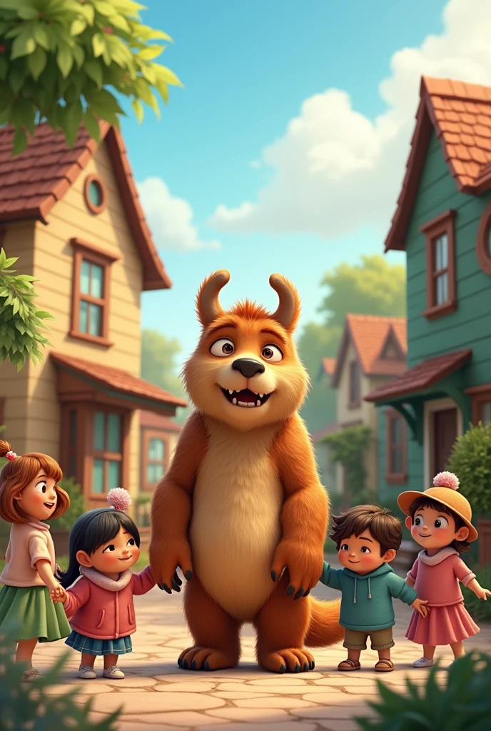 Create an image for story books
From that day on, Benny was no longer just the monster next door; he became Ellie’s best friend and a beloved part of the community. Add a monster Benny and his colour is brown more kids and houses and beautiful community with a monster friends can you add many childrens
