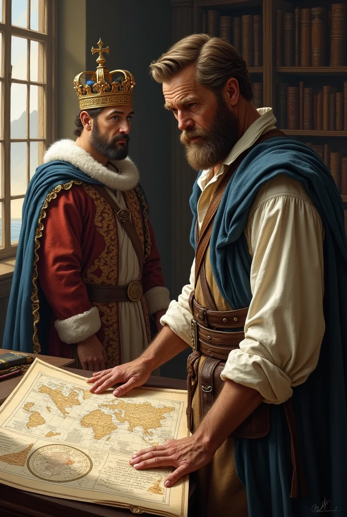 A sailor in the foreground and a king in the background looking at maps in 1500