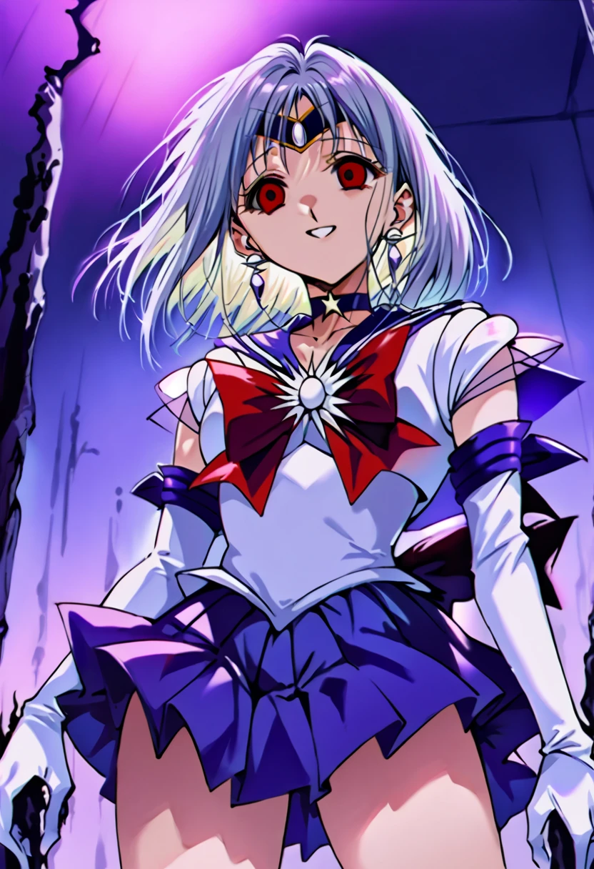 (masterpiece, Highest quality, so beautiful, Very detailed), Intricate details, 12k, Honestly,In awe of the Sailor Saturn XL,sailor senshi uniform,jewelry,skirt,choker,star choker,sailor collar,bow,brooch,star brooch,purple sailor collar,purple skirt,gloves,tiara,short hair,white gloves,earrings,elbow gloves,pleated skirt,, Are standing, Cowboy Shot,,(Wicked Smile:1.2), One person,(Silver Hair:1.4),(empty eyes,:1.4),From below,Watching the dawn,Dark aura,View your audience,(red eyes:1.2),