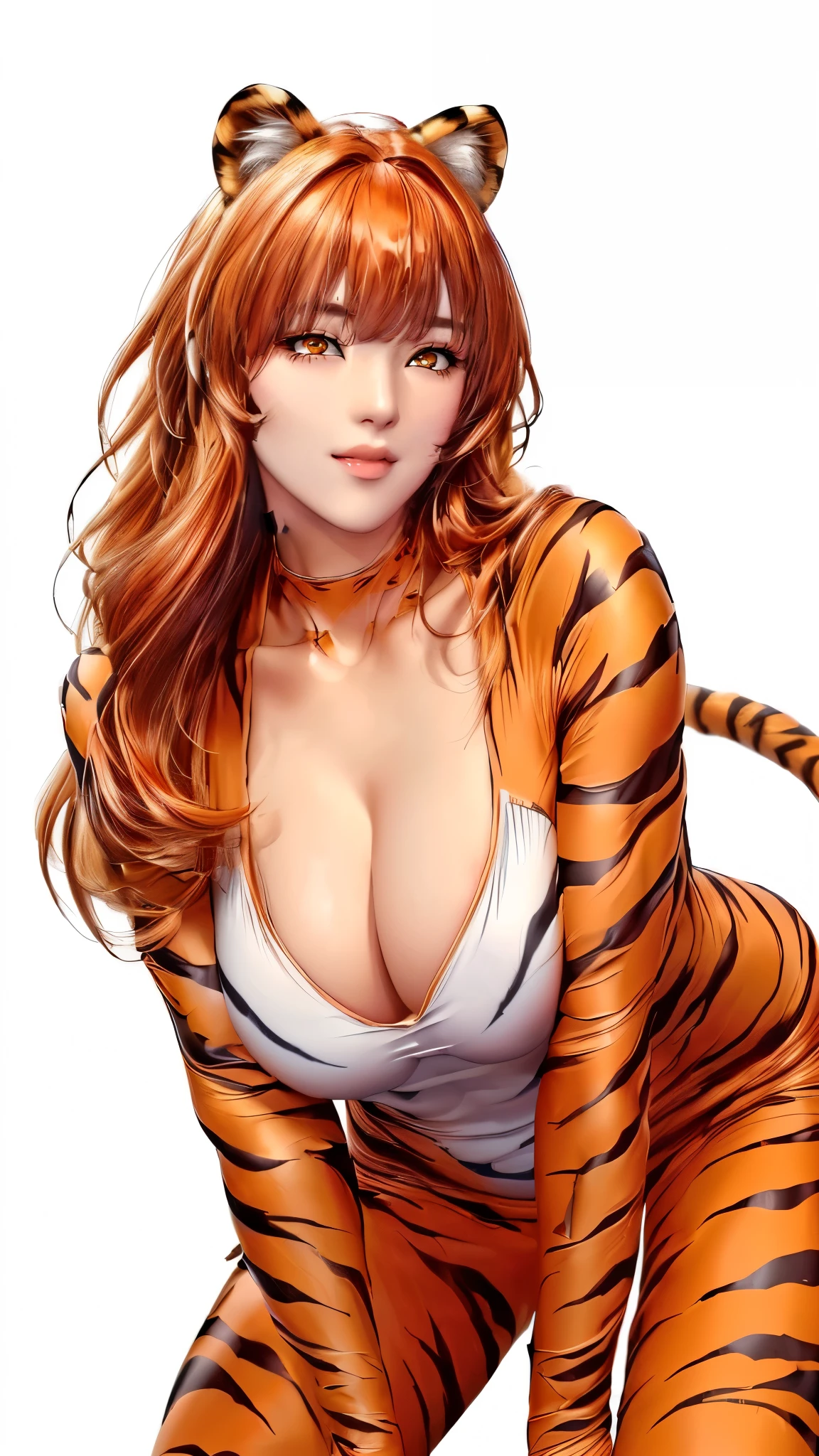 (((Perfect body,(((hwjsy, tigerstripebodysuit ))),(((Orange hair, orange long hair, orange straight hair, golden eyes, red lips, pink powder blusher, tiger ear headdress))),((masterpiece)),high resolution, ((Best quality at best)),masterpiece,quality,Best quality,((( Exquisite facial features,Looking at the audience,There is light in the eyes,Smile))),))),(((Light and shadow,Huge breasts,))),(((Looking at the camera,White background,))))