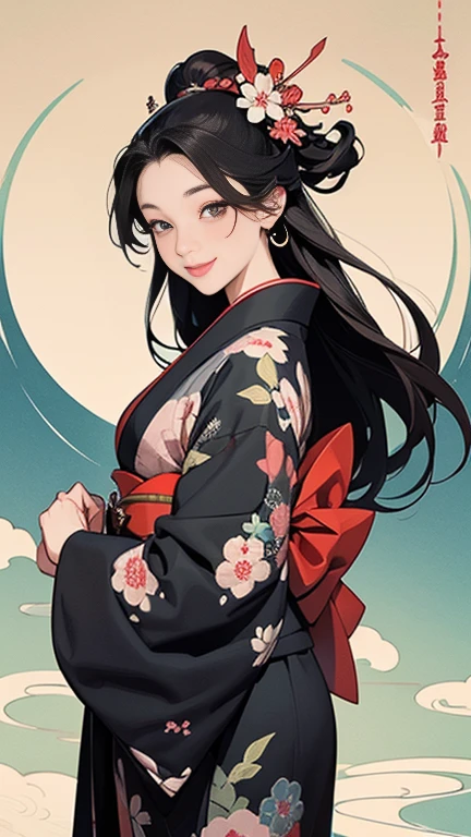 A beautiful woman smiles and shows her upper white teeth、Vividly colored Japanese Ukiyo-e style illustrations、(SeaArt creates stunning illustrations of beautiful women in kimono)、Brown-black long hair、Beautiful full body style、Let's dance a little Tokyo Ondo Yoiyoi、Beautiful digital painting,、Bright vibrant digital anime art、 Detailed digital anime art、 Beautiful anime portraits、background、Torii gate of a shrine in Kyoto, Japan、Detailed CG、
