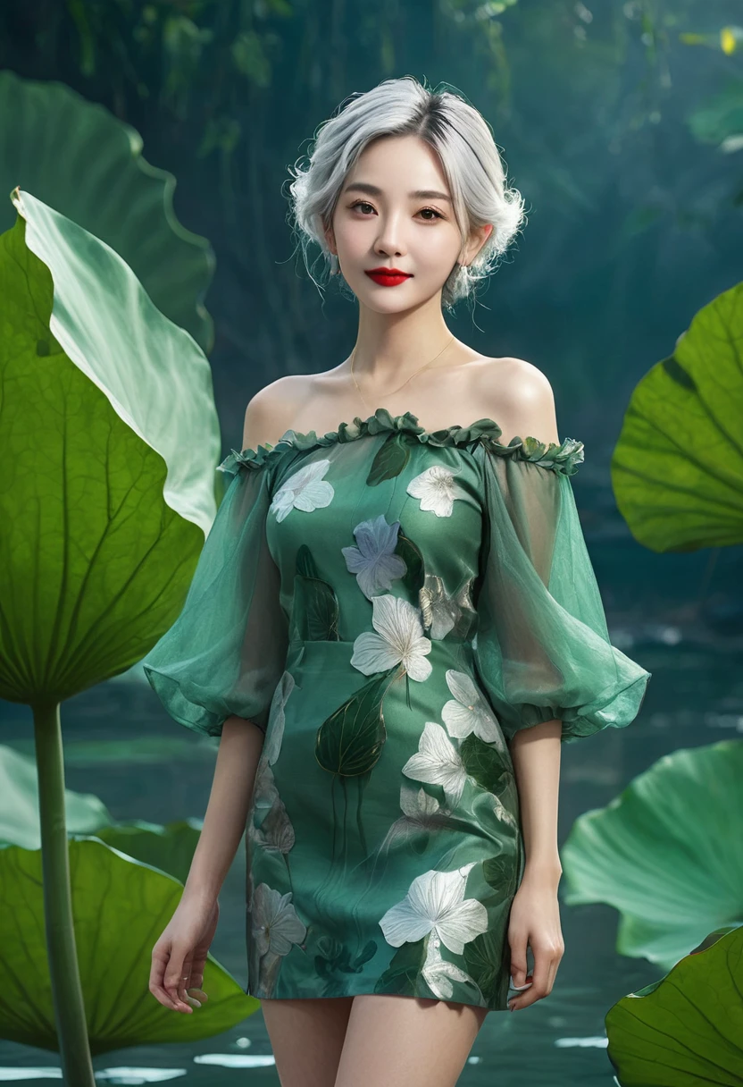 Highest quality, masterpiece, Ultra-high resolution, (Reality:1.4), Realistic, Very detailed, Original photo, One person, Portraiture, (whole body), Fairy, Silver Hair, alone, (Dynamic posture:1.4), mini_skirt, (Dark sea green shade:1.2), Giant lotus leaf, dress, Looking at the audience, Long sleeve, Red lips, smile, 50mm, F0.8, 8K RAW, Depth of written boundary