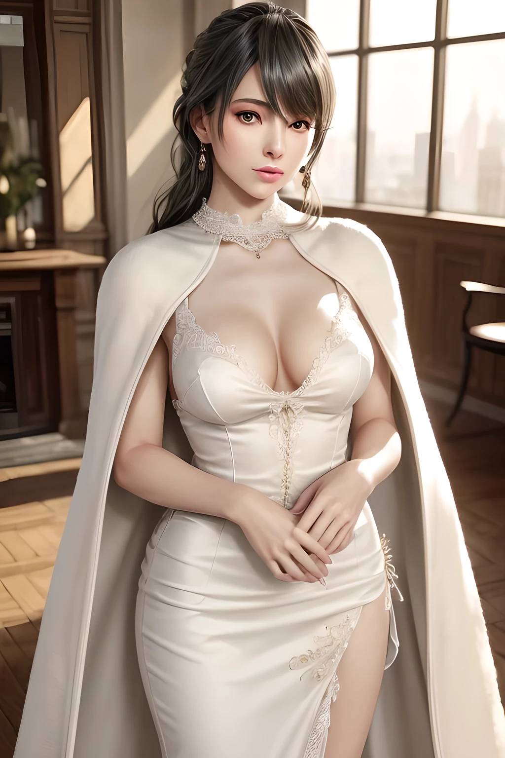 A lady with extraordinary temperament, she stands in a modern indoor space, as if she is a model from a fashion magazine. She is wearing a (pure white long fur cape), the softness and luster of which makes her look more noble under the light, and complements her (beige dress) underneath, showing her gentle temperament while maintaining a sense of fashion. The style of the dress is simple and generous, a perfect match, and it lengthens her figure, making her tall and charming. The lady's makeup is delicate and elegant, which just highlights her facial features and makes people unforgettable at first sight. Although the earrings and necklace she wears are not ostentatious, they add a bit of sophistication and nobility to her overall look. Her hair is casually draped over her shoulders, and every strand of hair exudes a natural luster,, (best quality,8k,highres,masterpiece:1.2),ultra-detailed,(realistic,photorealistic,photo-realistic:1.37),studio lighting,ultra-fine painting,sharp focus,physically-based rendering,extreme detail description,professional,vivid colors
