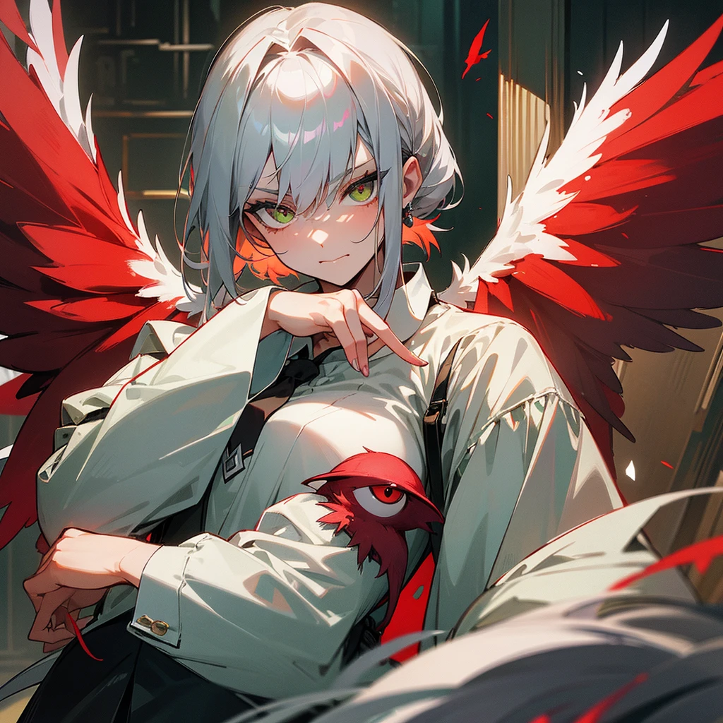 masterpiece, Shortcuts, Silver Hair, Red bird of prey with large wings,chest, Green Eyes, Droopy eyes, White shirt,smug face, One person, woman