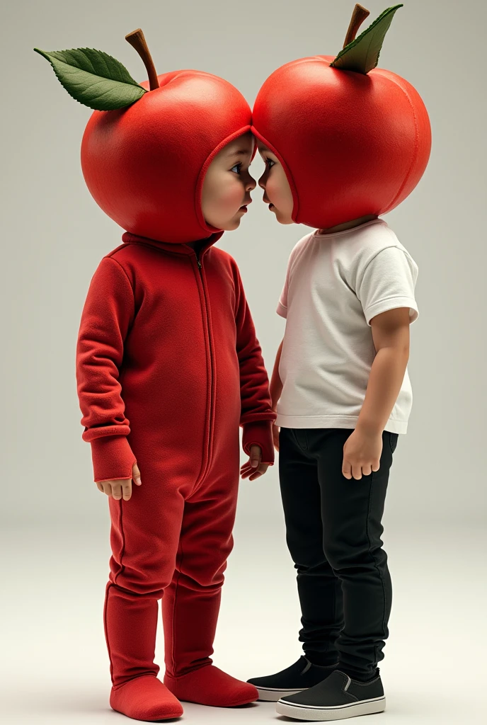 A wearing velvet material jumpsuit of a fruit apple and head also should be covered with jumpsuit , standing with another kidaring a white T shirt and black pant with black shoe