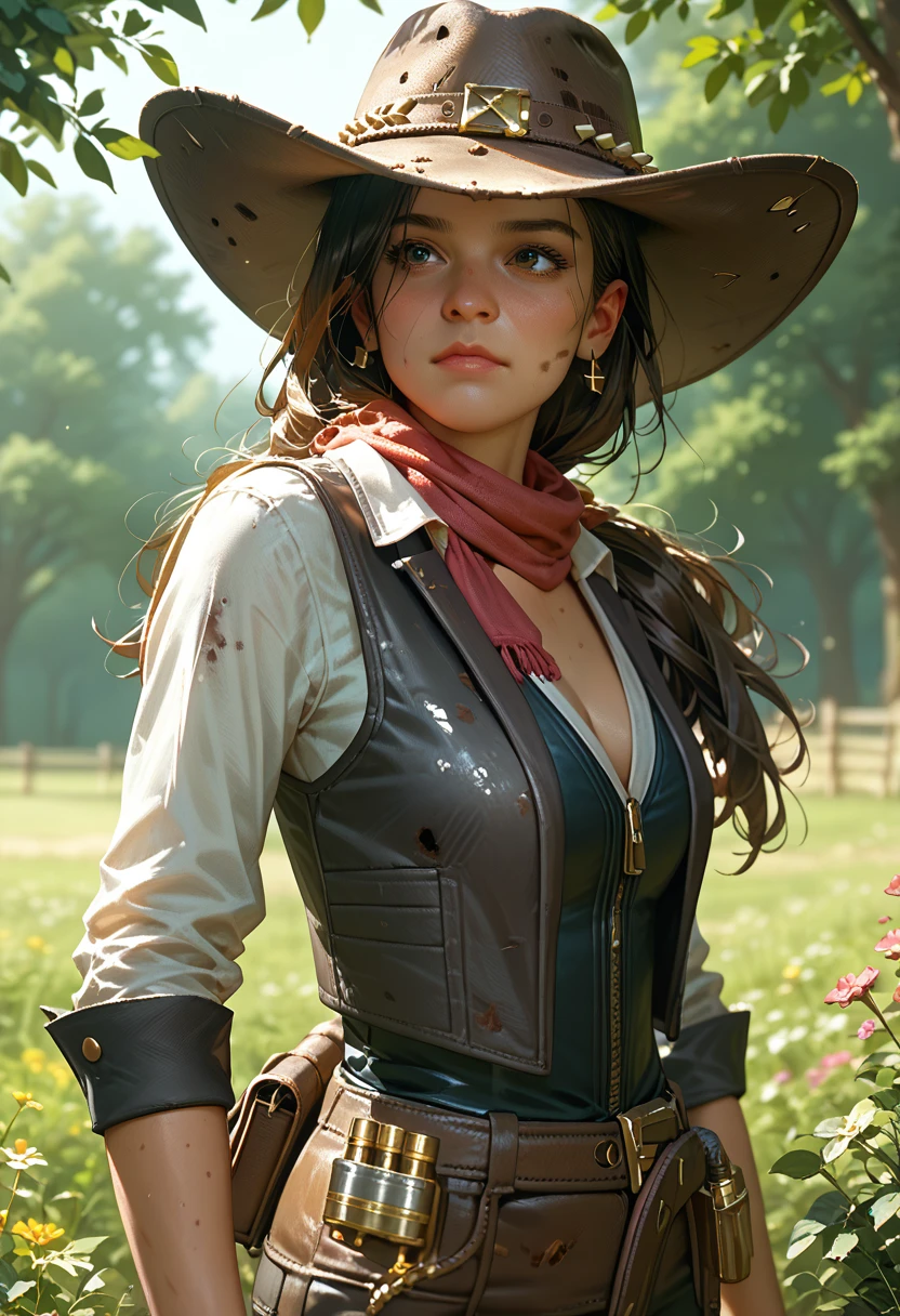 Portrait of beautiful women on a dirty farm:1.2 , cowboy hat, fringed vest , trousers, scarf , confidence , medium breast,