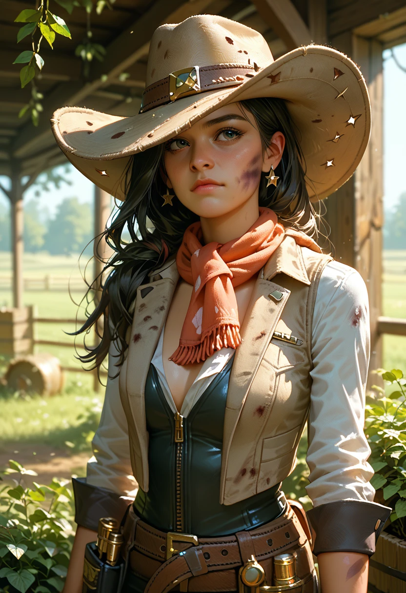 Portrait of beautiful women on a dirty farm:1.2 , cowboy hat, fringed vest , trousers, scarf , confidence , medium breast,