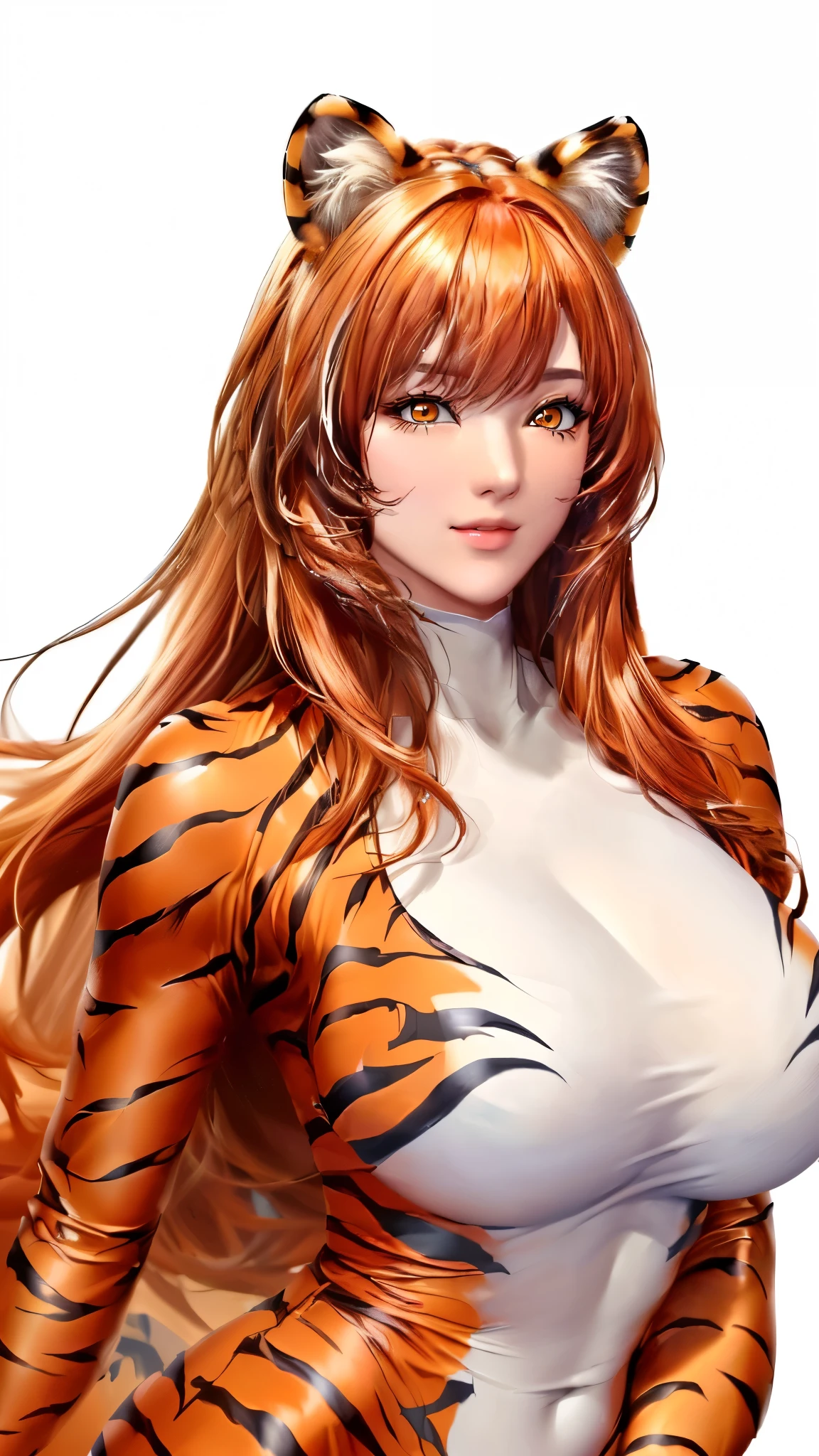 (（（Perfect body,（（（hwjsy, tigerstripebodysuit  ）））,（（（Orange hair, orange long hair, orange straight hair, golden eyes, red lips, pink powder blusher, tiger ear headdress））），((masterpiece)),high resolution, ((Best quality at best)),masterpiece,quality,Best quality,（（（ Exquisite facial features,Looking at the audience,There is light in the eyes,Smile））），）））,（（（Light and shadow,Huge breasts，）））,（（（Looking at the camera,White background,)））)