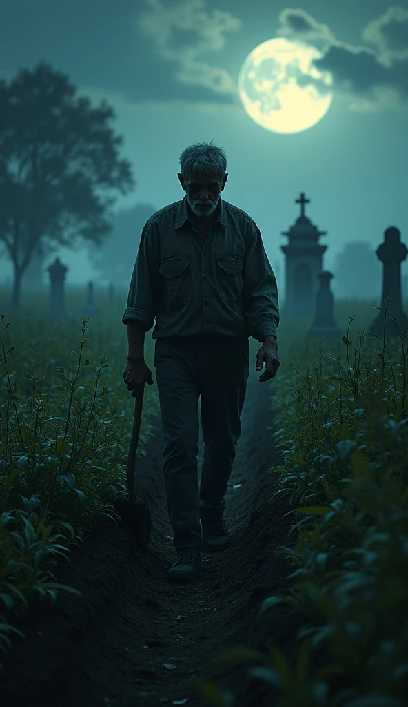 Farmer in the field at night: A farmer working in the fields at night passes by a cemetery.