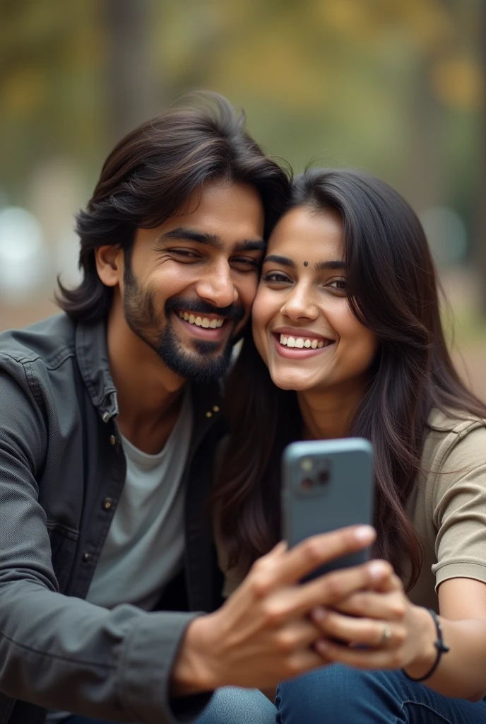 "A 2 Indian couple is sitting together. The boy has medium long hair and is wearing a jacket, while the girl is wearing a shirt. The girl is holding her phone up and taking a selfie of the two of them. They are smiling, capturing a happy moment. The background is soft and slightly blurred, drawing focus to the couple's joyful expressions."