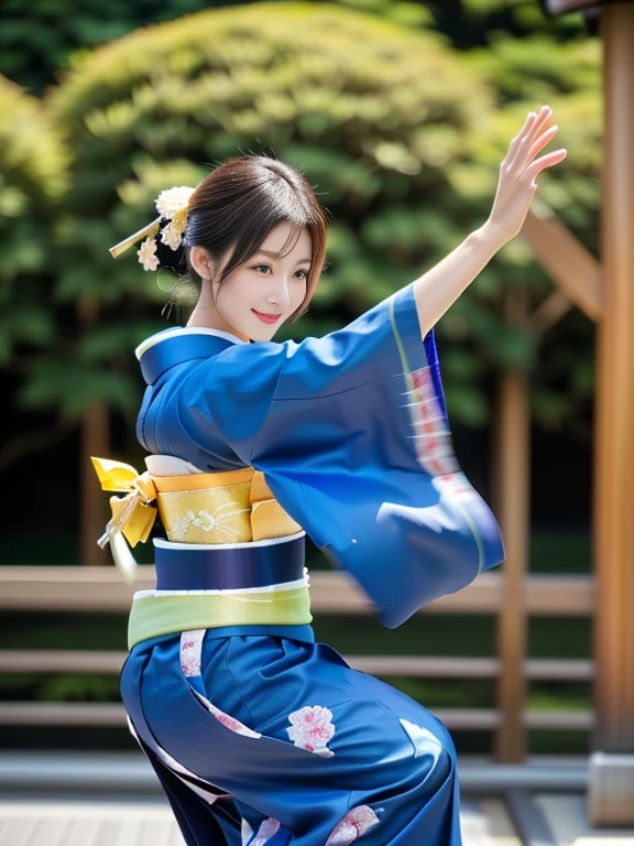 Photo-realistic quality、A woman in a blue and yellow kimono is dancing the Awa Odori dance, Traditional Japanese, Portrait Shot, TraditionalなJapanの着物,  Traditional, Beautiful images, Japan, Traditional costume, Wear a kimono, Japanese woman, Japaneese style、