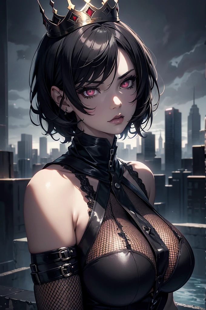 (digital painting),(best quality), masterpiece, 8k resolution, (dark mood background:1.4), dark fantasy, vintage 80s style, oil painting, anime girl, one girl, solo, beautiful girl, goth girl, pale skin, big breast, seducing, (sad face: 1.2), detailed lips, beautiful lips, big eyes, (red eyes:1.2), glowing eyes, (very detailed eyes:1.4), cute girl, short hair, black hair, fishnet clothes, crown, dramatic lighting, deep shadows, (view from above:1.2), looking upwards, (wide angle lens distortion:1.2)