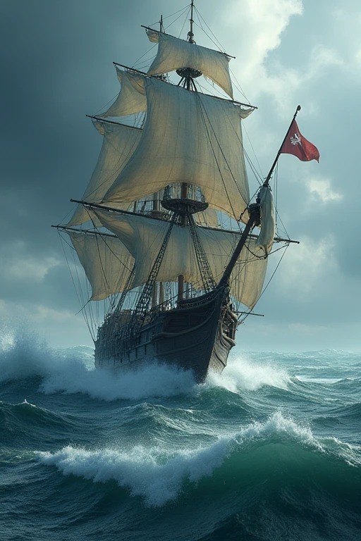 A pirate ship in a heavy and vast ocean