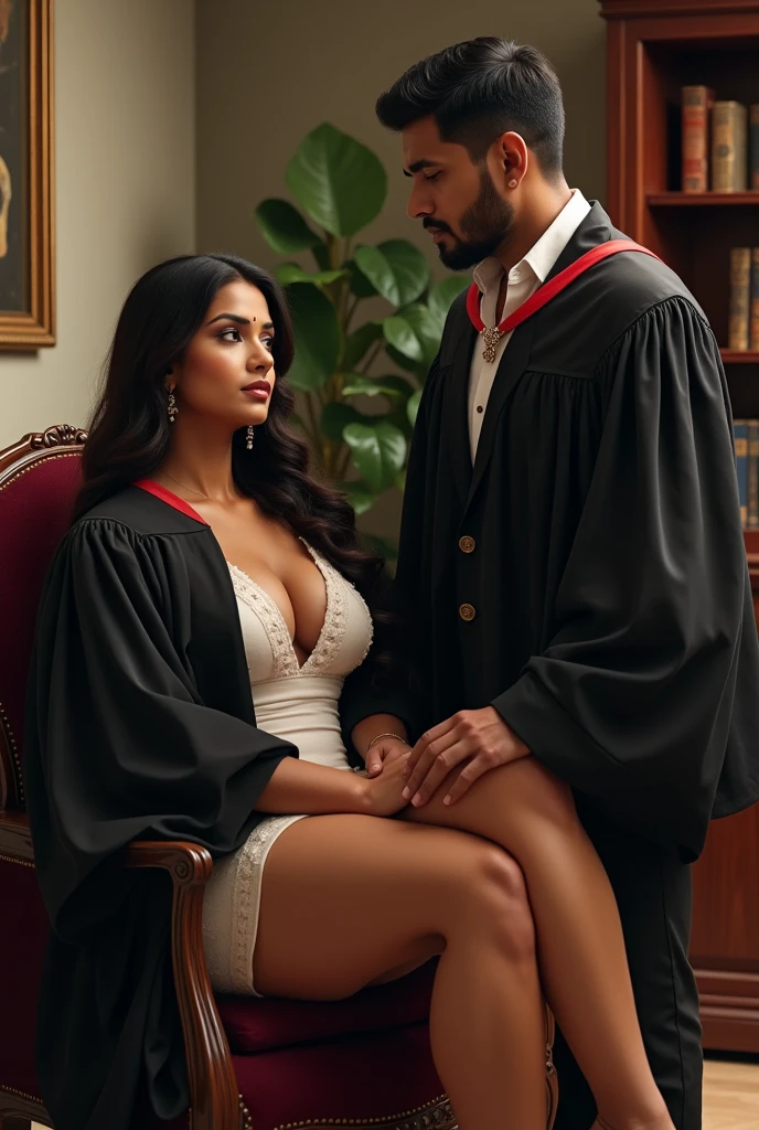  Wearing full body  Academic regalia  wealthy sri lankan average beautiful girl(big  large breasts and butt) sit in chair and sri lankan wealthy age 35 man (software,electrical,garments companies owner)