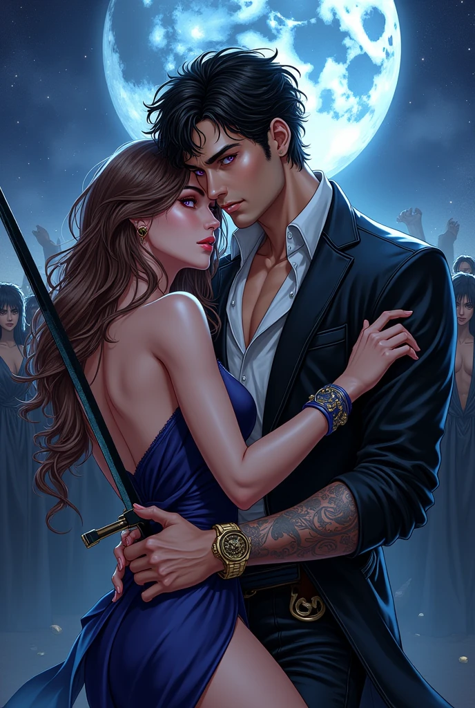 A really handsome Duke holding a woman from behind.
Man's description :African violet eyes.
Has a tended hair where the lower side is shaped. The upper hair is yellow and the lower is black.modern class ancient cote wearing.Has a tough smirk showing to the screen.Has a black -blue sword in his other hand.wearing a costly watch. And his dress is blue and black weaeing a tie also.He is kinda baddas type.He 's face is shaped and tend.And he is really handsome
Woman description :Eye colour scarlet.
Long stranded light brown hairs.
Has a gun in her hand.
Wearing lady half dress which is white and yellow colour.
She is trying to not touch him but to do.
She has also a smirk angry smile looking in the man's eyes.
Background description:A dark but lighted with moon half star.Show the background with beautiness,shine,dark and mystery also which is really important.
And there are black crowd watching them from behind,A those two is in a rival mood but in a romantic way which is really scary.
(Make it like manhwa - reality extend quality pic Which will be really beautiful. Make it really manhwa style cover page.)