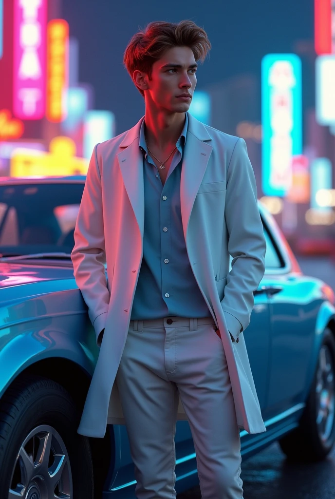 A charismatic young Korean man with tousled, golden-brown curls and a mischievous grin stands beside a sleek, light blue metallic Rolls-Royce. He's dressed in a crisp white lab coat and tailored trousers, exuding an air of sophistication. A wisp of smoke curls from the cigarette he holds nonchalantly, contrasting with the neon-lit Las Vegas skyline that stretches out behind him. The image should capture the man's confident aura and the car's luxurious elegance.
