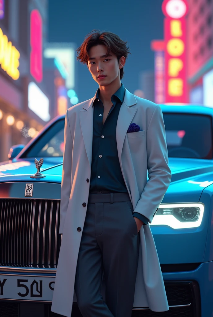 A charismatic young Korean man with tousled, golden-brown curls and a mischievous grin stands beside a sleek, light blue metallic Rolls-Royce. He's dressed in a crisp white lab coat and tailored trousers, exuding an air of sophistication. A wisp of smoke curls from the cigarette he holds nonchalantly, contrasting with the neon-lit Las Vegas skyline that stretches out behind him. The image should capture the man's confident aura and the car's luxurious elegance.