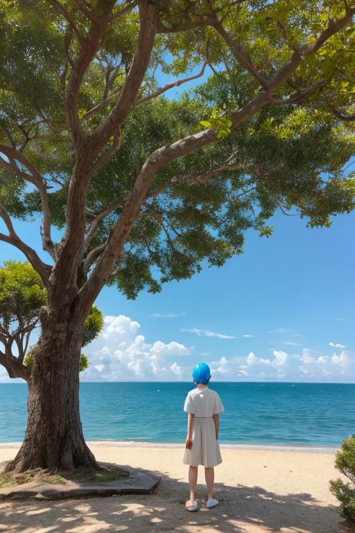 A girl is silent behind a tree by the sea with a figure 69