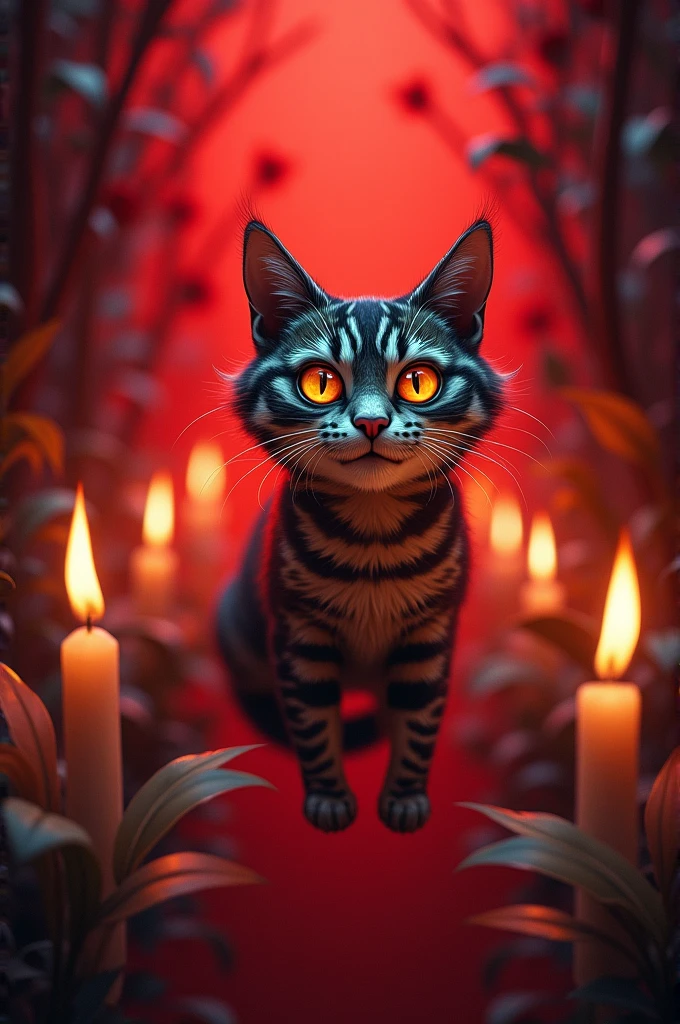 Red background with candles on the sides and the laughing cat from Alice in Wonderland 