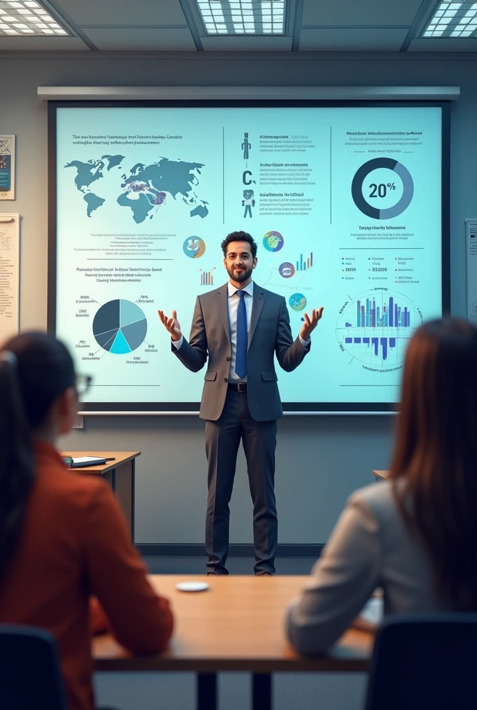 A college faculty telling new students about 
College placement and college industrial connection  in classroom on smart board 