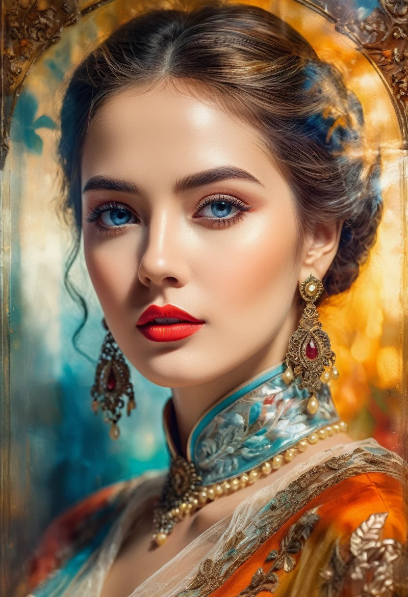 Bright theme, (double exposure image with transparent figure of beautiful woman), antique hand painted, realistic, 8k, highly detailed face, beautiful eyes, beautiful lips, elegant expression, detailed ornate costume, complex background, dramatic lighting, warm color palette, oil painting, masterpiece