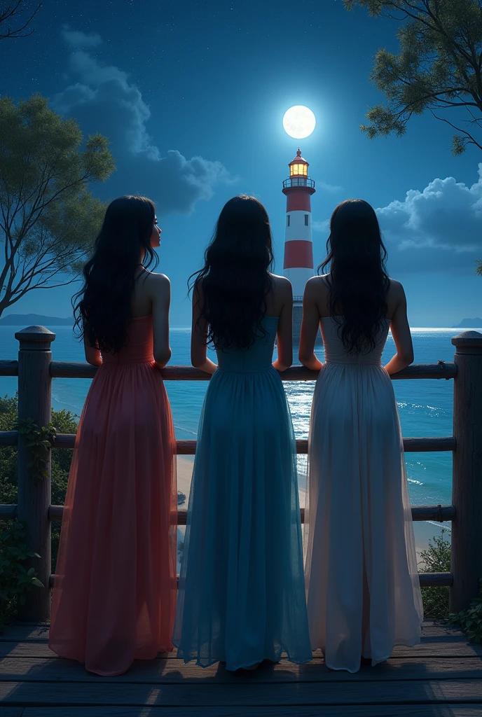 photography a 3 curvy asian woman with wavy black hair,wearing a long maxi dress, footwear, leaning againt on a wooden bridge, looking at the beautiful beach,lighthouse,full moon night