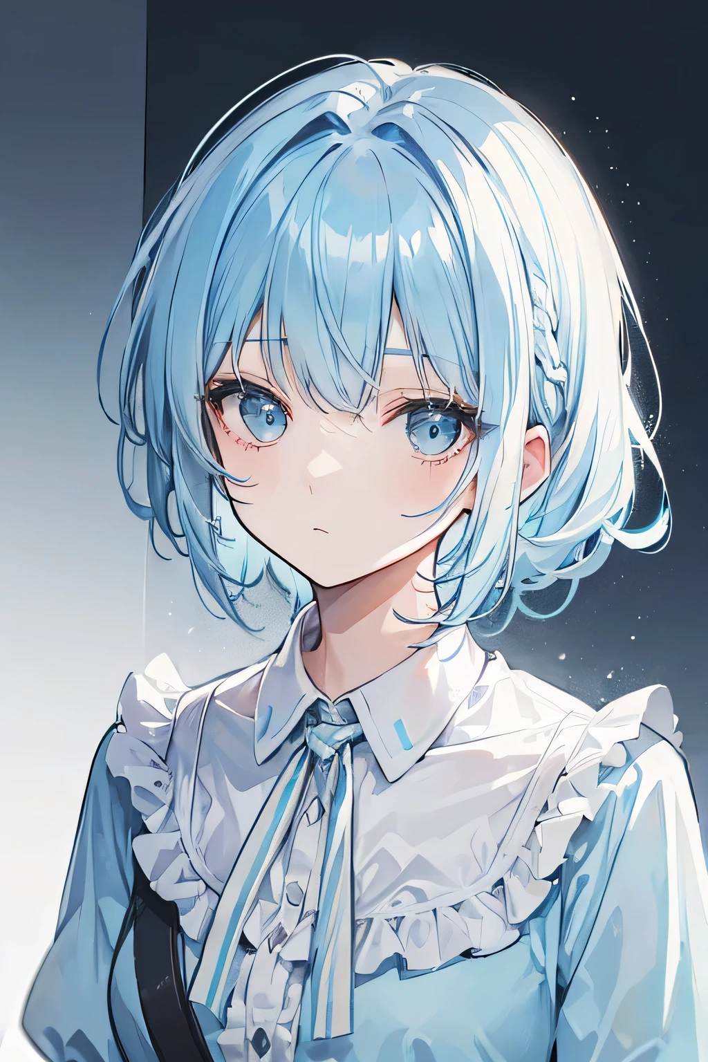 (((One person))), ((((alone)))), ((Messy hairstyle)), (((Light blue hair)), Soft blouse